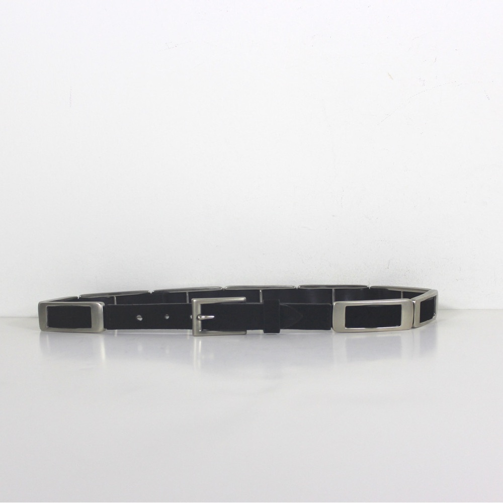 NANNI Italian Silver Metal and Black Suede Leather Belt with Silver Buckle M